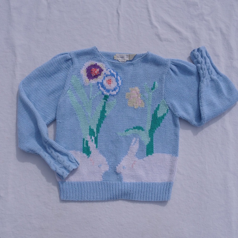 Vintage 1990s‎ Eagle's Eye adorable pastel bunny cotton/ramie handknit sweater - Picture 2 of 8